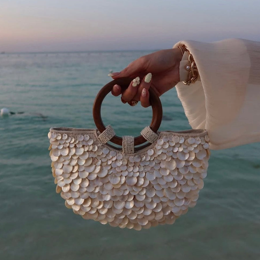 Penelope | Boho Shell Bag – Beach Vacation Round Handle Sequin Surface