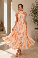 Phillipa | Floral Halter Midi Dress – Pleated Waist Wedding Guest Summer