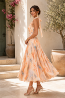 Phillipa | Floral Halter Midi Dress – Pleated Waist Wedding Guest Summer