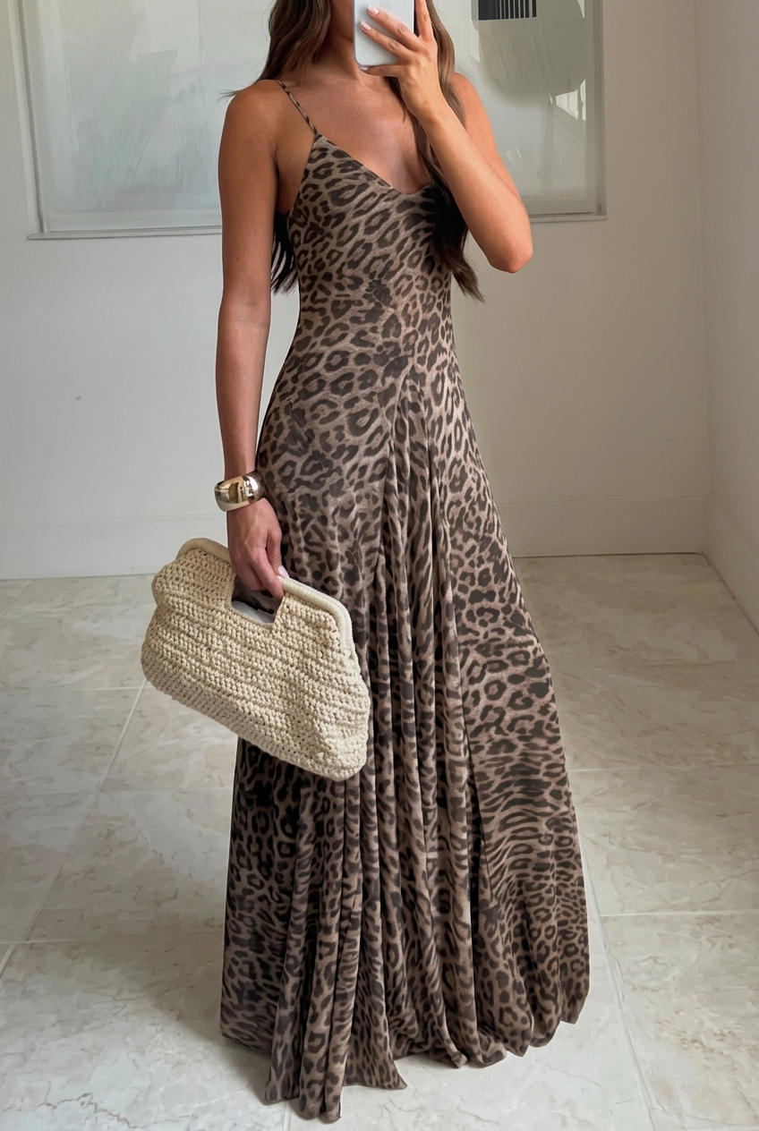 Pixie | Leopard Print Spaghetti Strap Flowy Maxi – V Neck Open Back Dress