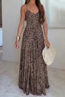 Pixie | Leopard Print Spaghetti Strap Flowy Maxi – V Neck Open Back Dress