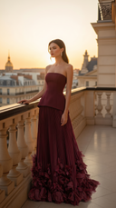 Prairie | Strapless Pleated Maxi Dress – Wedding Floral Applique Corset Bodice