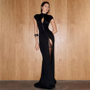Quinn | Keyhole Maxi Dress – Evening High Neck Cap Sleeve Zip Front High Slit