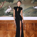 Quinn | Keyhole Maxi Dress – Evening High Neck Cap Sleeve Zip Front High Slit