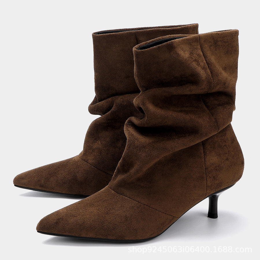 Rachael | Suede Effect Ankle Boots – Casual Pointed Toe Ruched Kitten Heel