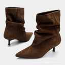 Rachael | Suede Effect Ankle Boots – Casual Pointed Toe Ruched Kitten Heel