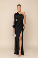 Rachel | Satin Maxi – One Shoulder Long Sleeve Twist Waist High Split Formal Wedding Guest Dress