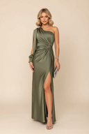 Rachel | Satin Maxi – One Shoulder Long Sleeve Twist Waist High Split Formal Wedding Guest Dress