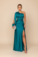 Rachel | Satin Maxi – One Shoulder Long Sleeve Twist Waist High Split Formal Wedding Guest Dress