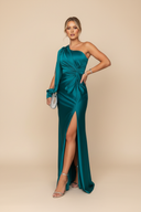 Rachel | Satin Maxi – One Shoulder Long Sleeve Twist Waist High Split Formal Wedding Guest Dress