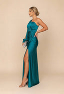 Rachel | Satin Maxi – One Shoulder Long Sleeve Twist Waist High Split Formal Wedding Guest Dress