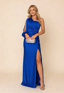 Rachel | Satin Maxi – One Shoulder Long Sleeve Twist Waist High Split Formal Wedding Guest Dress