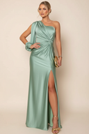 Rachel | Satin Maxi – One Shoulder Long Sleeve Twist Waist High Split Formal Wedding Guest Dress