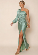 Rachel | Satin Maxi – One Shoulder Long Sleeve Twist Waist High Split Formal Wedding Guest Dress