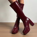 Raine | Knee High Platform Boots – Square Toe High Block Heel Glossy Finish