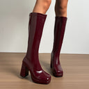 Raine | Knee High Platform Boots – Square Toe High Block Heel Glossy Finish