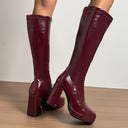 Raine | Knee High Platform Boots – Square Toe High Block Heel Glossy Finish