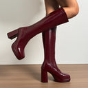 Raine | Knee High Platform Boots – Square Toe High Block Heel Glossy Finish