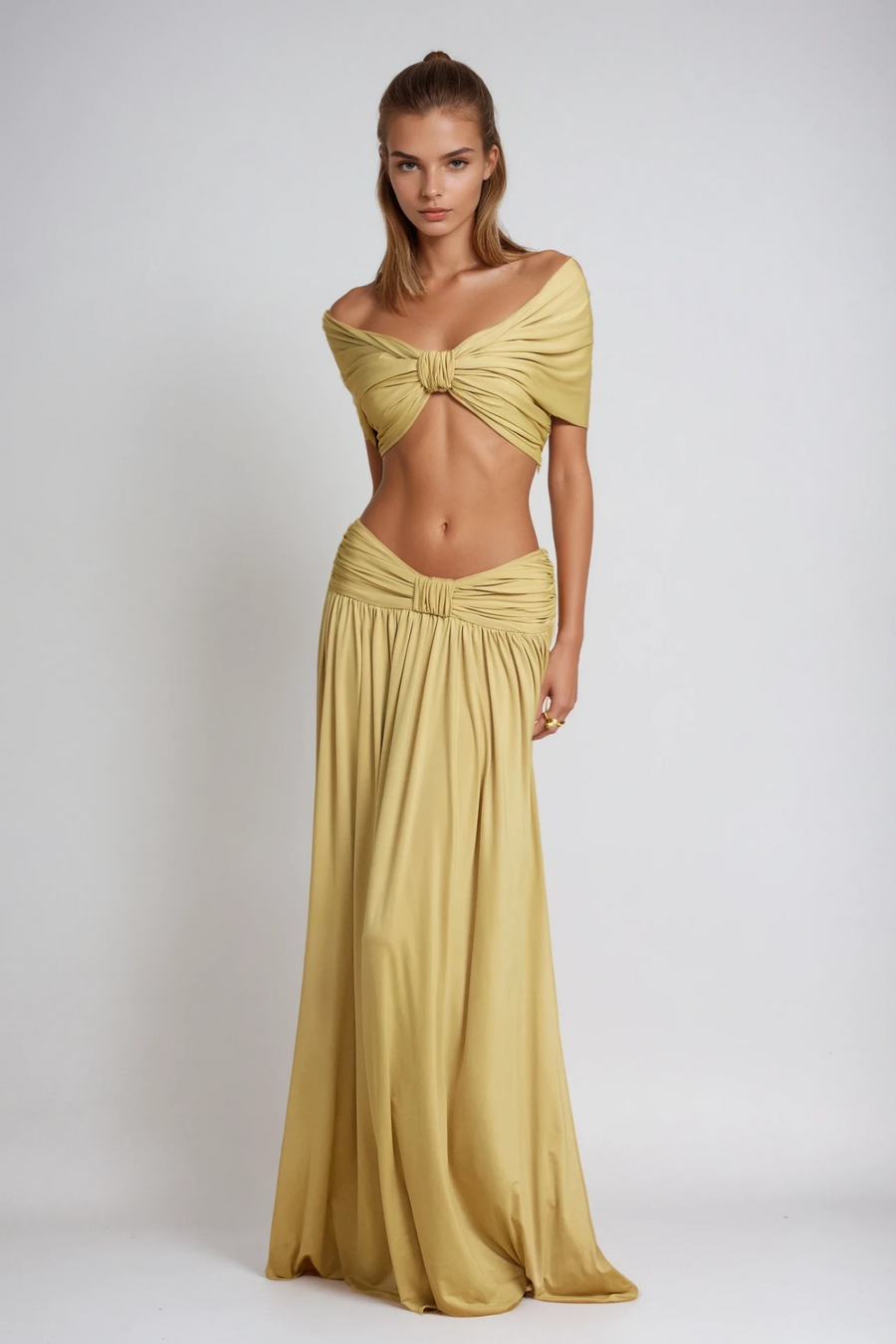 Ramona | WOff Shoulder Cut Out Set – Twist Knot Crop Top Maxi Skirt Summer