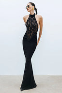 Rayna | Halter Neck Lace Bodice Maxi – Sheer Top Fishtail Formal Evening Summer Dress