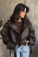 Regina | Oversized Biker Jacket – Asymmetric Zip Belted Long Sleeve