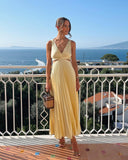 Reina | V Neck Pleated Maxi – Sleeveless Cut Out Twist Knot Wedding Guest Dress