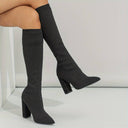 Rhea | Knee High Sock Boots – Pointed Toe Ribbed Upper Block Heel