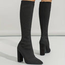 Rhea | Knee High Sock Boots – Pointed Toe Ribbed Upper Block Heel