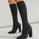 Rhea | Knee High Sock Boots – Pointed Toe Ribbed Upper Block Heel