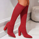 Rhea | Knee High Sock Boots – Pointed Toe Ribbed Upper Block Heel