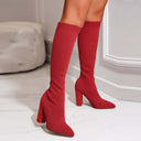 Rhea | Knee High Sock Boots – Pointed Toe Ribbed Upper Block Heel