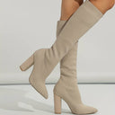 Rhea | Knee High Sock Boots – Pointed Toe Ribbed Upper Block Heel