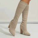 Rhea | Knee High Sock Boots – Pointed Toe Ribbed Upper Block Heel