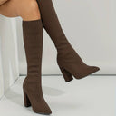 Rhea | Knee High Sock Boots – Pointed Toe Ribbed Upper Block Heel
