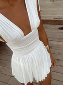 Rhiannon | Pleated Plunge Mini Dress – V Neck Ruched Waist Contrast Trim Summer Party