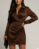 Ridley | Satin Wrap Mini Dress – Evening Collared V Neck Long Sleeve Draping
