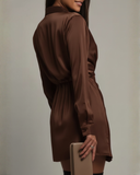 Ridley | Satin Wrap Mini Dress – Evening Collared V Neck Long Sleeve Draping