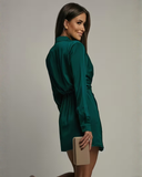 Ridley | Satin Wrap Mini Dress – Evening Collared V Neck Long Sleeve Draping