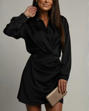 Ridley | Satin Wrap Mini Dress – Evening Collared V Neck Long Sleeve Draping