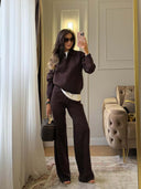 Riona | Knit Two Piece Set – Casual Polo Neck Long Sleeve Wide Leg Pants