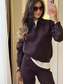 Riona | Knit Two Piece Set – Casual Polo Neck Long Sleeve Wide Leg Pants