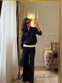 Riona | Knit Two Piece Set – Casual Polo Neck Long Sleeve Wide Leg Pants