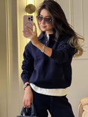 Riona | Knit Two Piece Set – Casual Polo Neck Long Sleeve Wide Leg Pants