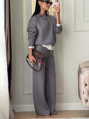 Riona | Knit Two Piece Set – Casual Polo Neck Long Sleeve Wide Leg Pants