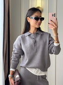 Riona | Knit Two Piece Set – Casual Polo Neck Long Sleeve Wide Leg Pants