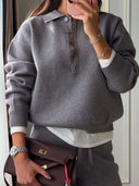 Riona | Knit Two Piece Set – Casual Polo Neck Long Sleeve Wide Leg Pants