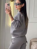 Riona | Knit Two Piece Set – Casual Polo Neck Long Sleeve Wide Leg Pants