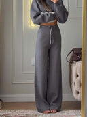 Riona | Knit Two Piece Set – Casual Polo Neck Long Sleeve Wide Leg Pants
