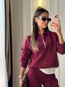 Riona | Knit Two Piece Set – Casual Polo Neck Long Sleeve Wide Leg Pants