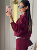 Riona | Knit Two Piece Set – Casual Polo Neck Long Sleeve Wide Leg Pants